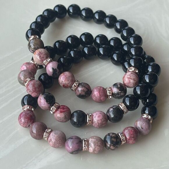 Rose coral jasper rhodonite obsidian ONE stretch bracket NEW handmade rhinestone - Picture 7 of 11
